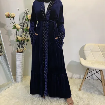 Nye Ankomst Golden velvet Åben Front Abaya Kimono Muslimske Kvinder Kjole Beskedent Slid Dubai Tyrkiet Ren og skær Abaya Duster Cardigan