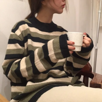 2 farver 2017 efteråret og vinteren koreanske chik stil o-hals stribet sweater kvinder trøjer dame (B0901)