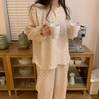 Fremmede Kitty 2021 To Stykke, Der Passer O-Hals Bomuld Blid Muntert Print Sød Homewear Koreanske Casual Løs Chic Mode Pyjamas Sæt