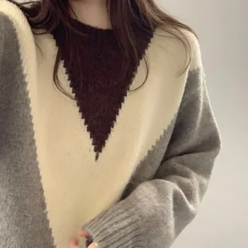Nomikuma Hit Farve Geometriske Pullover Sweater Kvinder med Lange Ærmer O-neck Strikket Top 2020 Efterår og Vinter Overdimensionerede Trække Femme 6D019