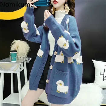Nomikuma Plus Size Sweater Cardigan koreanske Lange Ærmer Enkelt Breasted V-neck Strik Cardigan I 2020 Efterår og Vinter Trække Femme 6A992