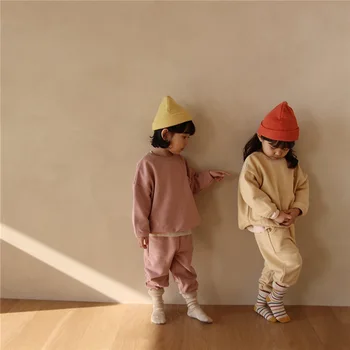 2020 Efteråret koreanske Drenge og Piger rund Hals Ren Farve Bomuld Cotton Hættetrøje Dragt med Lange Ærmer til Børn, Sports Trop