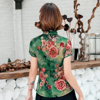 Slank Elegant Bluse Grøn Tang Lag Satin Kinesisk Stil Toppe Kvinder Print Blomst Tang Tøj OverSize 3XL 4XL 4XL Shirt