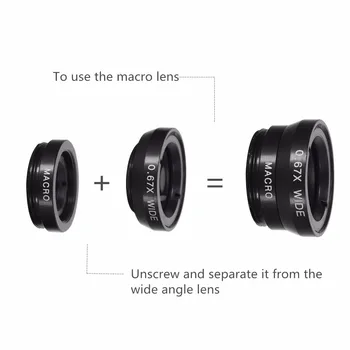 5-i-1 Vidvinkel Makro Fisheye-Linse 2x Forstørrelse Kamera Kits Mobiltelefon Fish Eye Linser med Clip til iPhone til Samsung
