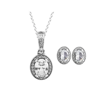 Ægte 925 Sterling Sølv Vintage Elegance Vedhæng Smykker Sæt til Kvinder Klare CZ Halskæder Stud Øreringe Smykker