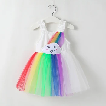 Sommer kjole til piger vestidos 2020 NYESTE barn pige kjole rainbow Print Mesh Søde festkjoler prinsessenjurken meisjes