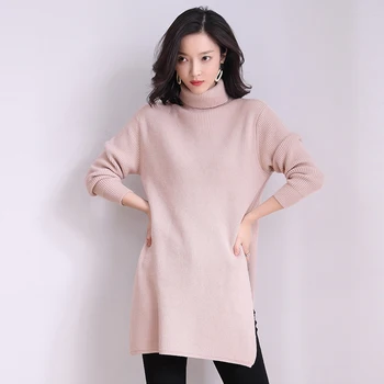 Kvinder Vintage Stilfulde Koreanske Lang Stil Strikket Side Split Sweater Vinter Løs Rullekrave Varm Tykke Vinger Sweater 2020 Ny