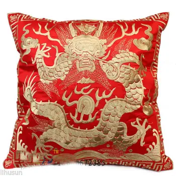 NYE 2stk Vintage Rød&Guld Dragon Phoenix Silke Pude Embroiderd