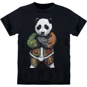 Flerfarvede Tatoveringer Panda T-Shirt I Bomuld Rund Hals Kortærmet T-Shirt