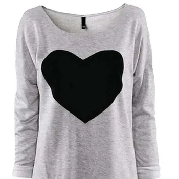 CUHAKCI langærmet T-shirt Print Hjertet Toppe Grå T-shirt Kvinder Sweatshirt Kvindelige Plus Størrelser Toppe Tee Efteråret Tøj