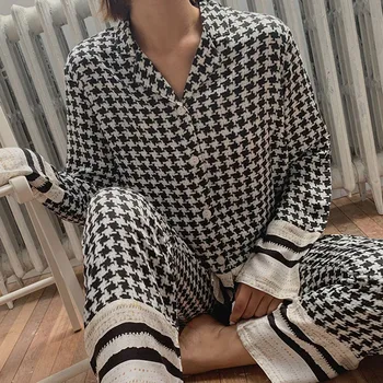 2020 Efteråret Mode Kvinder Nattøj Pyjamas Sæt Blød, Behagelig Viskose Lange ærmer, der Passer Net Red Houndstooth Print Hjem Bære