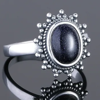 S925 Sterling Sølv Ring, Klassisk Blå Sandsten Gemstone Ring 7x9 Retro Thai Sølv Vintage Fine Smykker