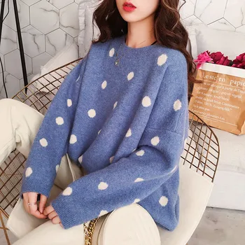 Koreanere Søde Kvinder At Strikke En Sweater Polka Dot O-Hals Gul Pullover Varmt Efterår Lange Ærmer Kawaii Jumper Løs Streetwear