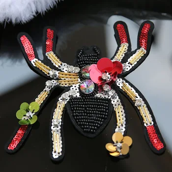 Beaded Krystal Rød Diamant Spider Patches Badge Pailletter Broderi Applikationer Sy Præget Tøj, Håndværk Syning