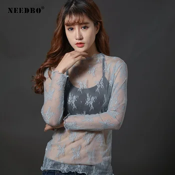 NEEDBO Sexet Harajuku Mesh Top Kvinder Stjerner Kvinder Tshirt 2020 Lace T-Shirt Kvinder Lang Oversize Skjorte Sort Transparent Clubwear