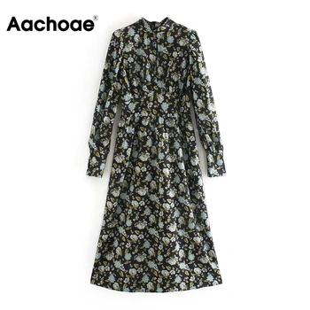 Aachoae 2020 Efterår Forår Blomster Print Kjole Stå Krave Vintage Midi Kjole Lady Langærmet Plisserede Elegante Kjoler Vestidos
