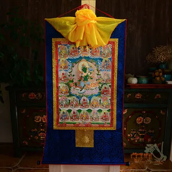 Familiens Hjem effektive Beskyttelse-120 CM --Tibetansk Buddhisme Bodhisattva Grøn Tara Buddha silke Thang-ga Thangka Buddha kunst