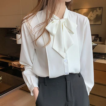 Ny Bue Hvid Bluse Kvinder 2020-Knappen Kontor Dame Langærmet Blå Chiffon Skjorte Efteråret Toppe Kvinde Tøj Lomme Womens Shirts