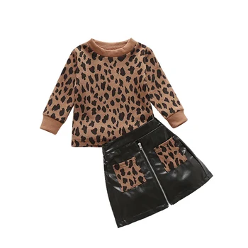 Mode Nye Autumn Girl ' s To-delt Outfits Sæt Barn Pullover Leopard Trøje Toppe+Hip Lommen Nederdel lille Barn Spædbarn Tøj