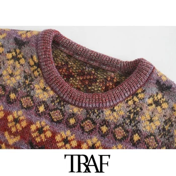 TRAF Kvinder Mode Jacquard Beskåret Strikket Sweater Vintage O-Hals Lange Ærmer Kvindelige Pullovere Smarte Toppe