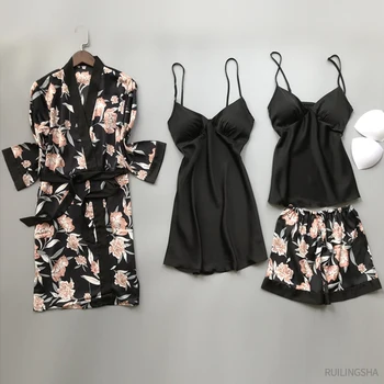 Sommeren Satin 4 stykker Robe Sæt Faux Silke Kimono Nattøj Til Kvinder, Flower Print Sexet Plus Size Nightgowns Sleepshirts Lounge Sæt