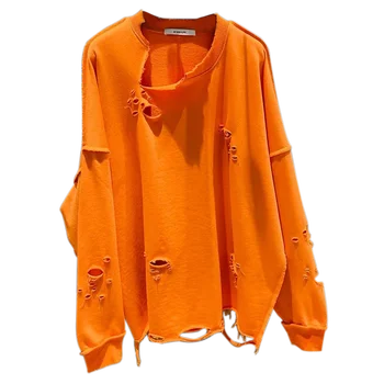 Løs Pullovere Kvinde 2020 Spring Ny koreansk-Stil Rippet Sweatshirt BF Løs Rund Hals og Lange Ærmer Midi-Top Orange Trøjer