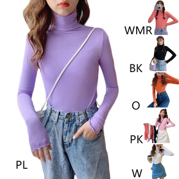 Kvinder Efteråret Langærmet Rullekrave T-Shirt Koreanske Almindelig Solid Color Basic Pullover Top Flæser Trim Slim Fit Streetwear