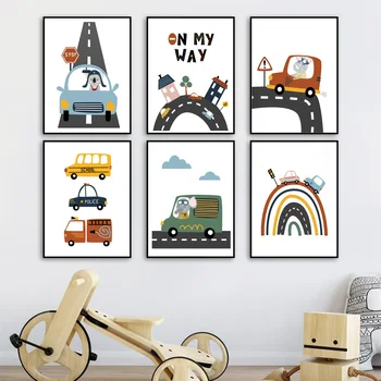 Væg Kunst, Lærred Maleri Børnehave Baby Bil Styr Tegnefilm Verden Nordiske Plakater Og Prints Væg Billeder Til Børneværelset Soveværelser Hjem