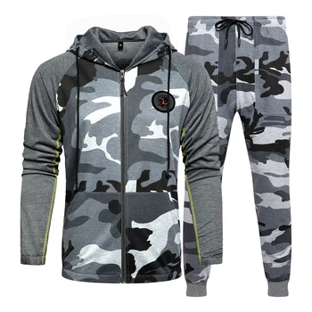 Mænd Camo Træningsdragt Hætteklædte Overtøj Hoodie Sæt Efteråret Sportslige Trænings-Og Camouflage Sweatshirts Jakke + Bukser Sæt