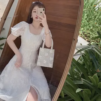 2020 Efteråret Fransk Vintage White Dress Kvinder Chiffon-Pladsen Krave Elegant Broderi Fe Blonder Kjole Et Stykke Koreansk