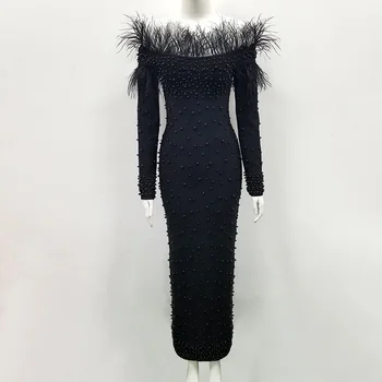 2019 Nye Mode Kvinder sort hvid slash hals, lange ærmer Bandage Dress Vestido Luksus Kendte Aften, Fest Kjoler