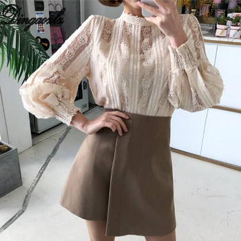 Dingaozlz Nye koreanske mode-Hook Blomst Toppe Hule ud Blonder Vintage skjorte med Lange ærmer Kvinder bluse Blusa