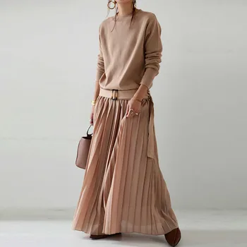 Kvinder Strik Kjole Med Lange Ærmer Kvindelige Foråret Sweater Lang Kjole 2021 Solid Farve Kvinder Elegante Kjoler