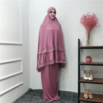 Muslimsk Tilbedelse Robe Kvinder Bøn Tøjet Sæt Abaya Formelle Blonder Store Swing Maxi Nederdele arabiske Kaftan Islamisk tøj kimono jubah