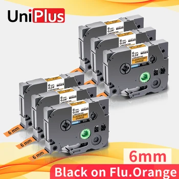 UniPlus 6PK 6mm tze Tape Fluorescerende Mærke Tape-Kompatibel Brother Label Maker tze B11 tze-B11 Sort på Orange Selvklæbende Bånd