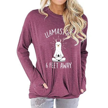 Hot stil ladies' lomme hoodie LLAMAST 'ay alpaca print, rund hals langærmet T-shirt til efterår/vinter 2020