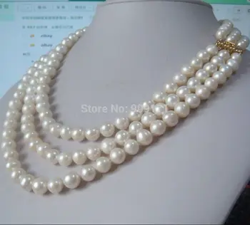 >>triple tråde 8-9mm naturlige Australske south sea hvid perle halskæde 18