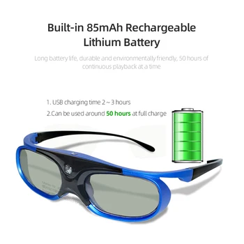High-End-AUN Aktive Shutter 3D Briller, Støtte 96Hz/120Hz/144Hz, 85mAh Batteri, til DLP 3D 1080P 4K-Laser Projektor DL02