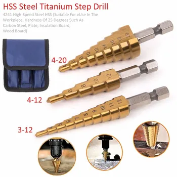 3pcs 3-12mm 4-12mm 4-20mm HSS Lige Rille Trin Boret Sæt Titanium Belagt Træ, Metal Hul Cutter Core Drill Bit Sæt