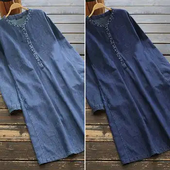 ZANZEA Kvinder Broderi Lang Skjorte Kjole 2021 Vintage Mini Vestidos Denim Blue Beach Kort Sundress Kvindelige Bomuld, Linned Kjortel 5XL