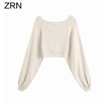 ZRN Kvinder 2020 Mode Vintage solid strikkede V-Hals Lanterne ærme kort sweater casual Chic kvinde kvinde beige Pullover toppe