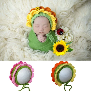 Strikket Baby Hat Nyfødte Baby Fotografering Blomst Hat Caps Bebe Souvenir Billede Tilbehør Solsikke Beanie Bonnet