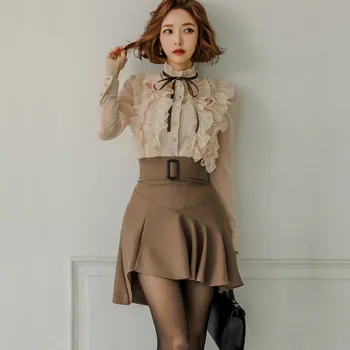 Nye Elegante Kvinder sætter koreansk mode Flæser OL Chiffon skjorte+ + Høj Talje nederdel Feminine Jakkesæt