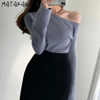 MATAKAWA Casual Efteråret og Vinteren Kvinde Sweater Kvinder, Sans Oblique Krave Off-shoulder Solid Strikkede Trøjer