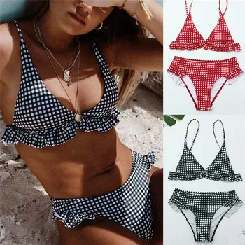 Sexet Ternet Bikini 2019 Rød Grøn Plaid Bathing Suits, Badetøj Flæser Push Up Trekant Badetøj Badetøj Kvinder Badebukser