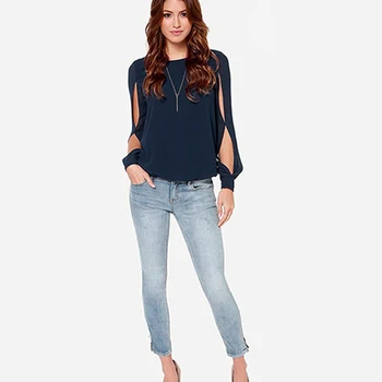 HOT Sælger Kvinders Plus Size Chiffon Mode Bluser med Lange Ærmer O-neck Navy Blå t-Shirt Elegant Kontor Bluse Slank Afslappet Top