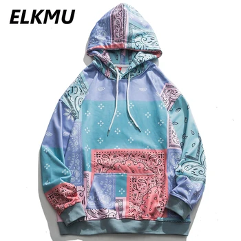 ELKMU Streetwear Bandana Patchwork Sweatshirts og Hættetrøjer Mænd Hip Hop Casual Efteråret Hooded Pullover Harajuku Oversize Toppe HE108