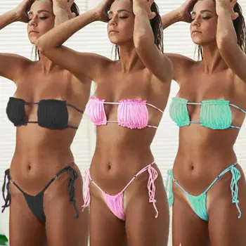 2020 Sexet Solid Kvinders Two Piece Stranden Stropløs Badedragt Badetøj Badning Monokini Push Up Polstret Bikini