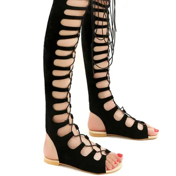 MORAZORA plus størrelse 46 over knæet støvler kvinder hule sommer støvler på tværs bundet flade sko gladiator sandaler kvinder støvler