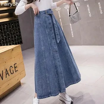 FairyShely Koreanske Denim Bælte Nederdele Kvinder 2020 Efteråret En Line Høj Talje Jeans Midten Af Nederdel, Casual Blue Flare Solid Lang Nederdel